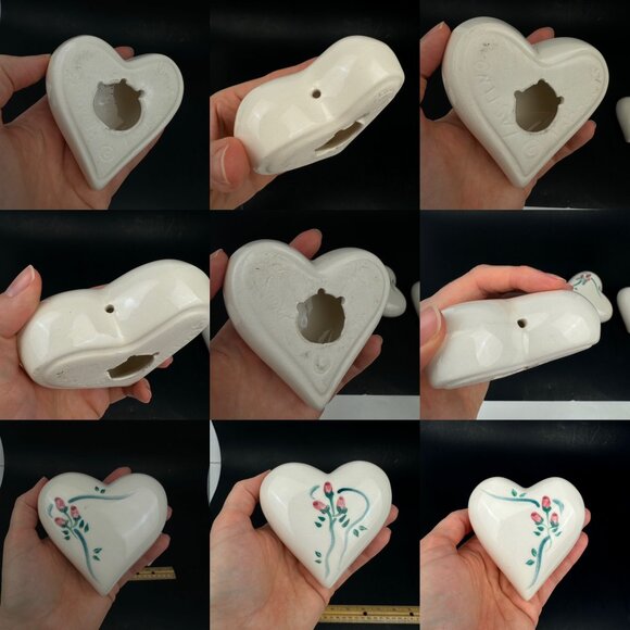 3 Vtg Ceramic Cream Color Heart Shape Wall Hanging Ornament Floral Ribbon Paint - Picture 7 of 10